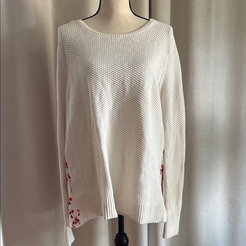 LOFT Cream Sweater with Red Floral Detail blouse back